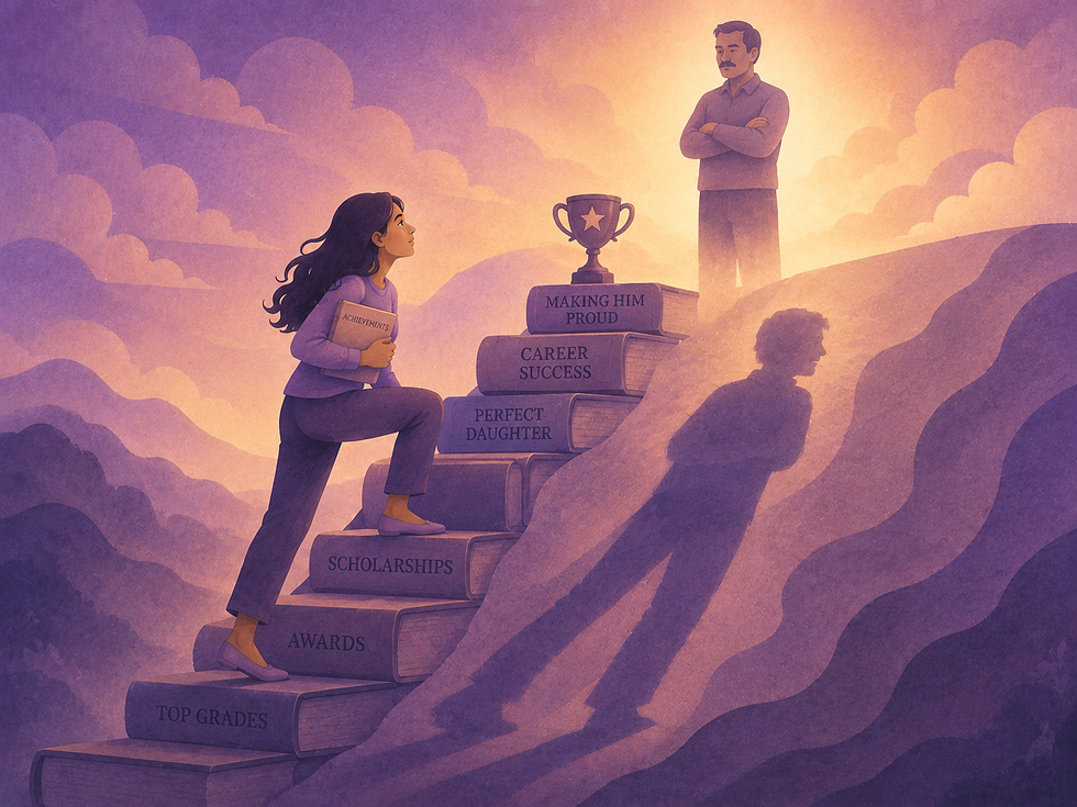 A young woman climbs a staircase made of achievements and accomplishments while her shadow slowly transforms into the image of her father.