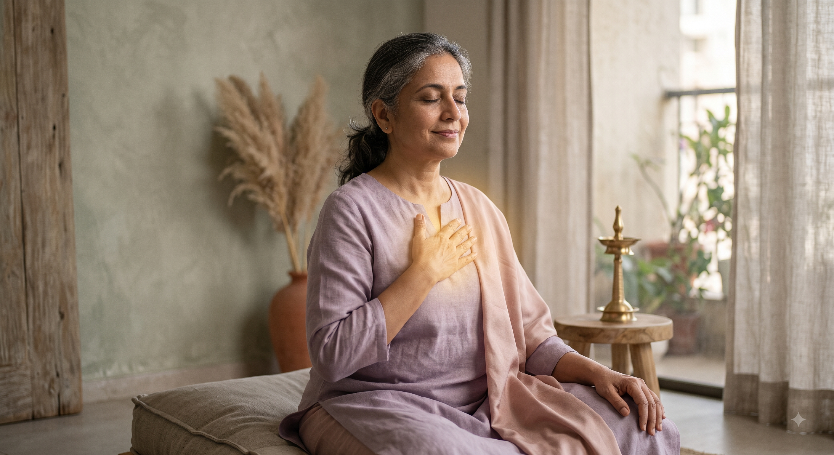 Woman meditating with subtle heart chakra energy during emotional healing