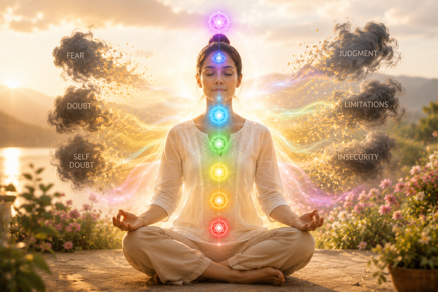 A peaceful meditation scene representing inner healing, self-awareness, and emotional transformation.