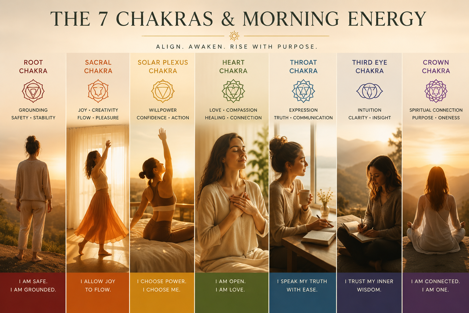Illustrated wellness collage showing the seven chakras connected to grounding, joy, confidence, healing, expression, intuition, and spiritual awakening.