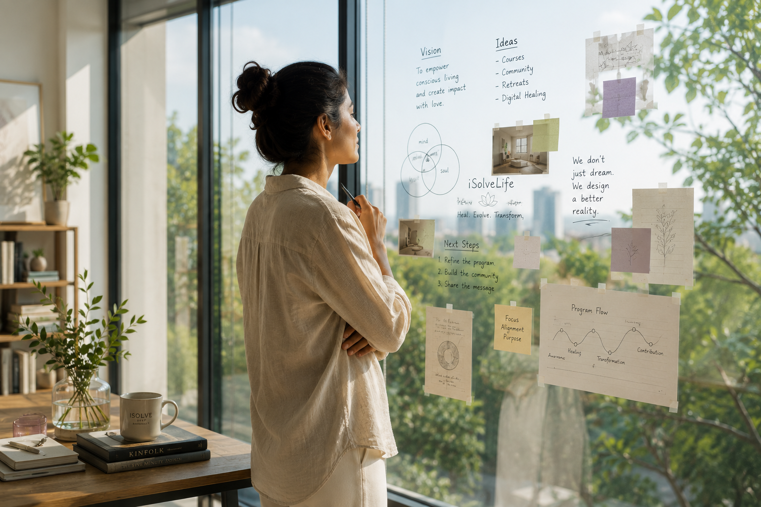 A thoughtful professional reflecting on ideas and long-term vision in a bright creative workspace.