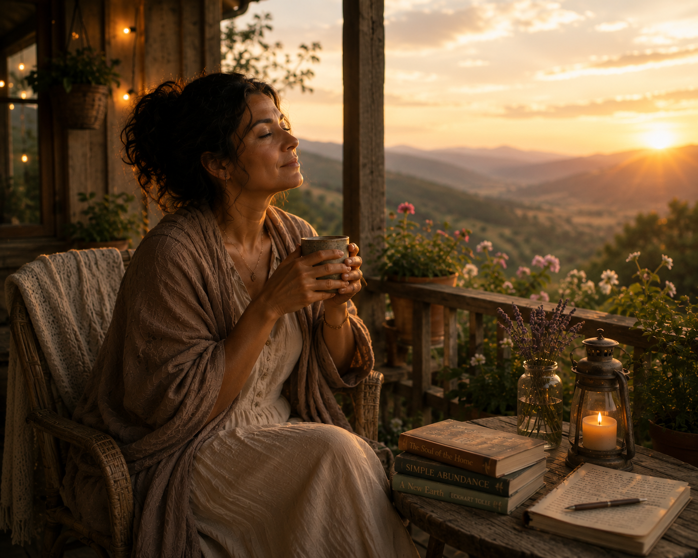 A serene morning on a cozy porch, where a woman savors her coffee, basking in the warmth of the sunrise. Surrounded by blooming flowers, a glowing candle, and inspiring books, she embraces a moment of tranquility and reflection.