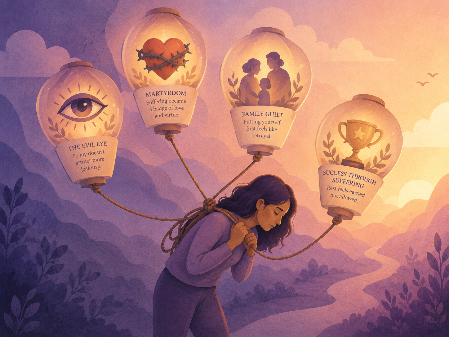 A woman carries four glowing lanterns symbolizing jealousy, martyrdom, guilt, and the belief that success requires suffering.