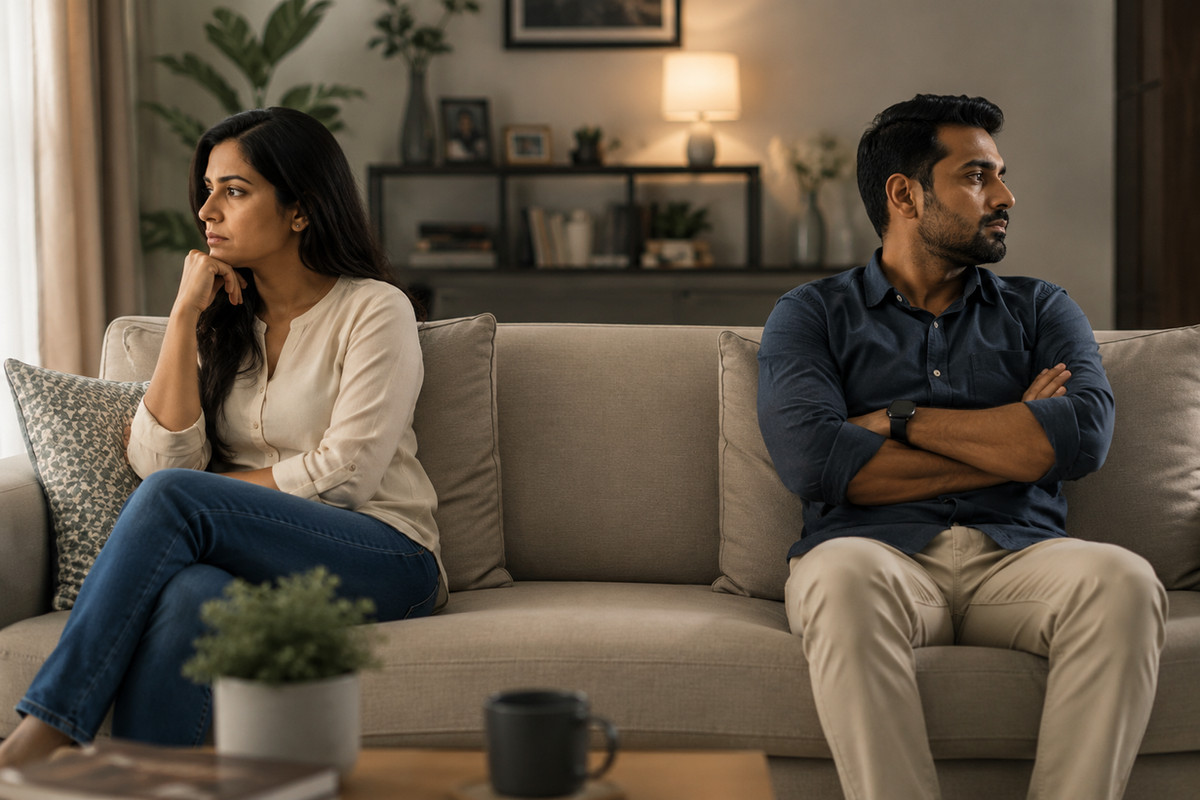 An Indian husband and wife sitting apart on a sofa, symbolizing emotional distance and marriage challenges.