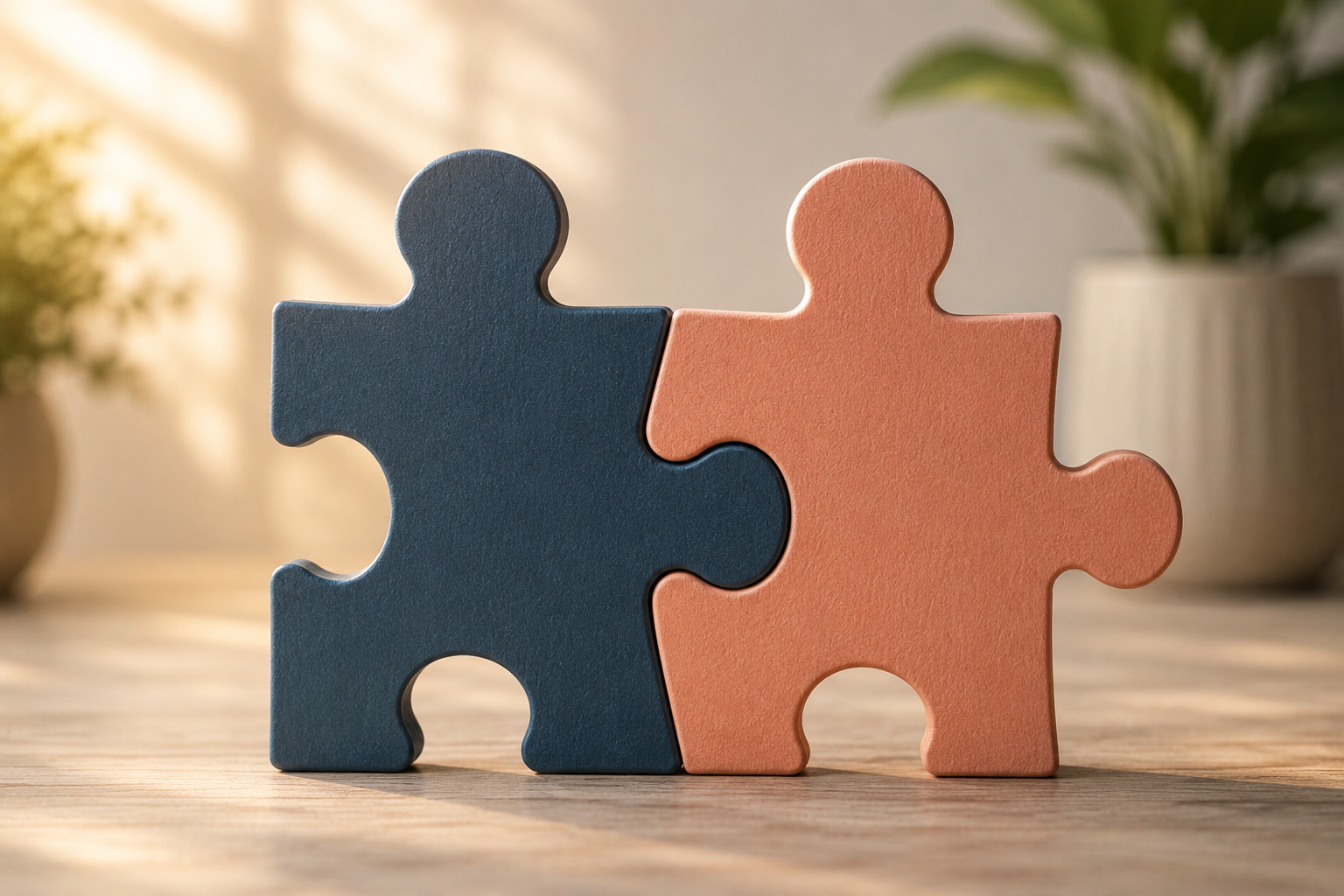 Two different puzzle pieces fitting together, representing complementary personalities in a healthy marriage.