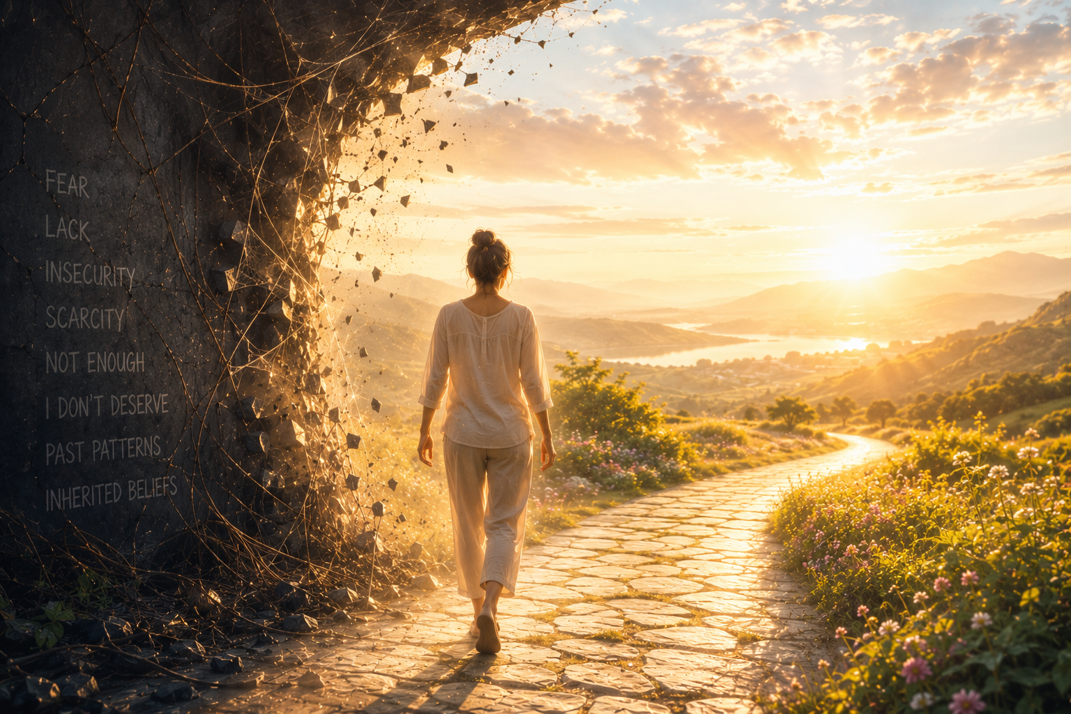 Woman walking through a dissolving barrier toward a sunlit landscape, symbolizing release of old subconscious patterns and greater freedom.