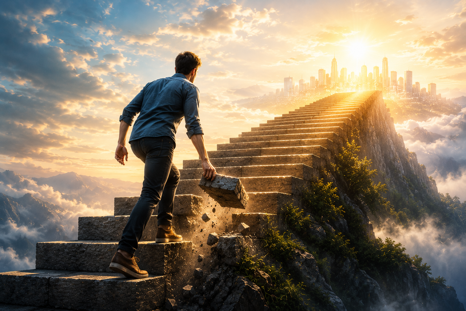 Person climbing toward success while unknowingly removing the steps supporting their progress.