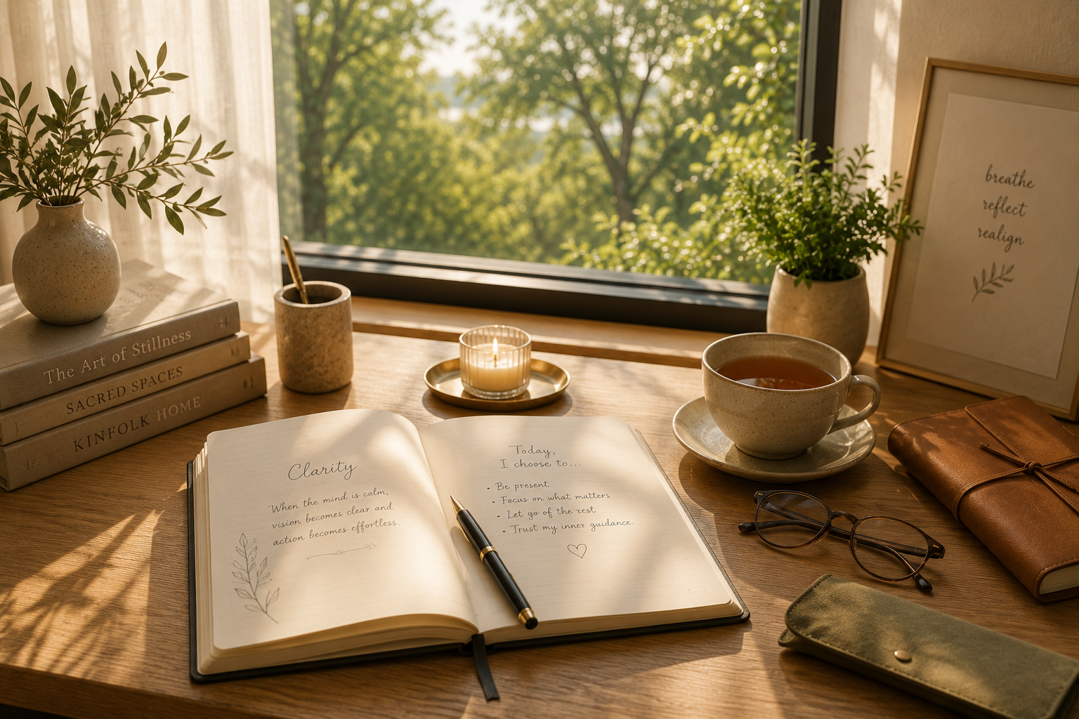 A minimalist workspace with an open journal, tea, and morning sunlight representing clarity and intentional living.