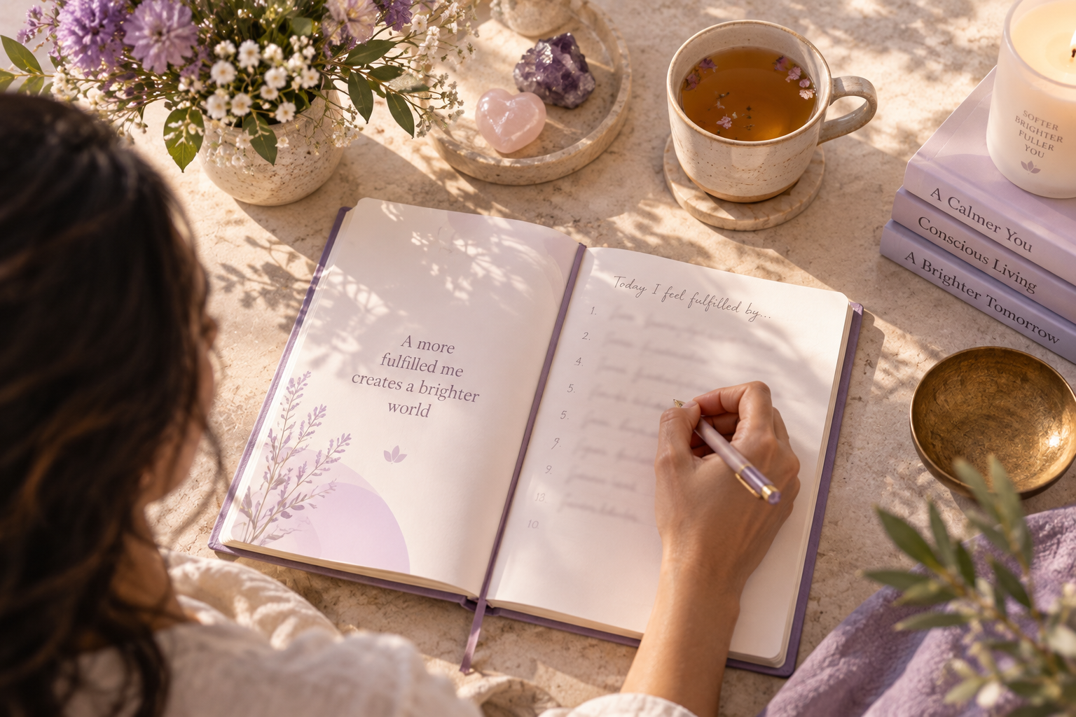 Person writing in a fulfillment journal during a peaceful reflective moment