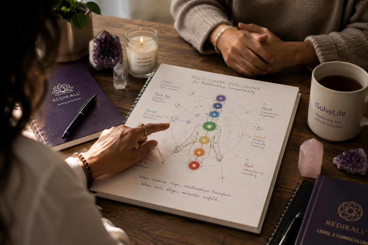 Two people at a wooden table review a chakra notebook; candle, crystals, and mugs read REDIKALL and iSolveLife in a calm setting