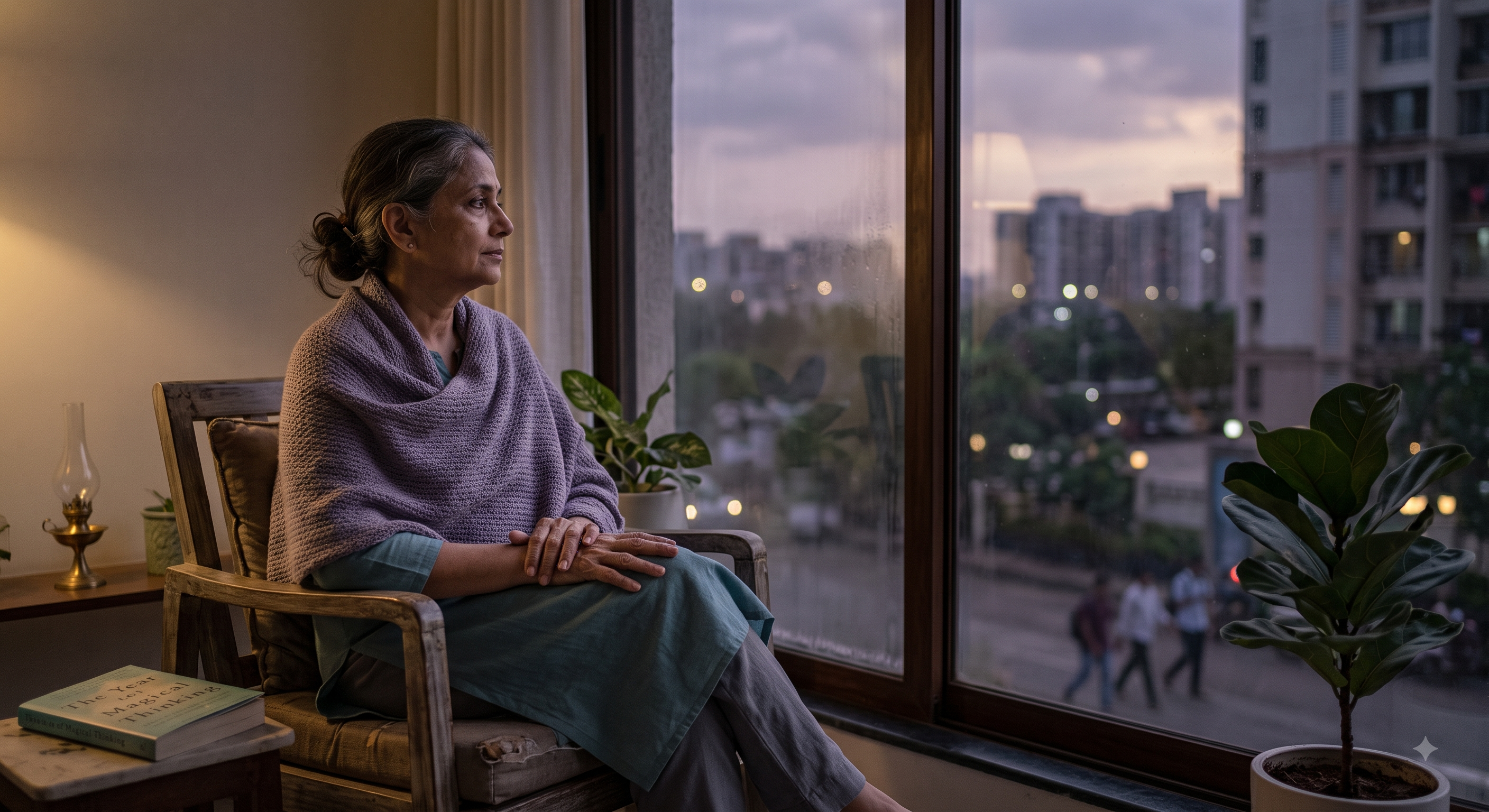 Woman sitting quietly in grief and emotional reflection beside a window