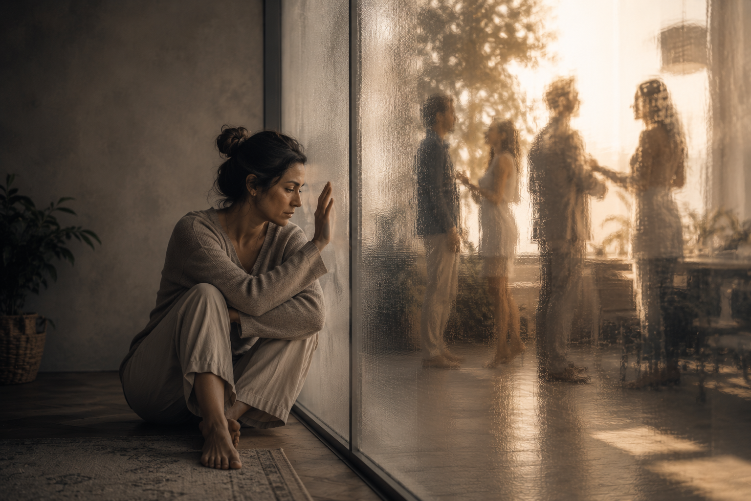 A woman sits alone by a glass wall, deep in thought, as silhouettes of people gather in the warm light outside.