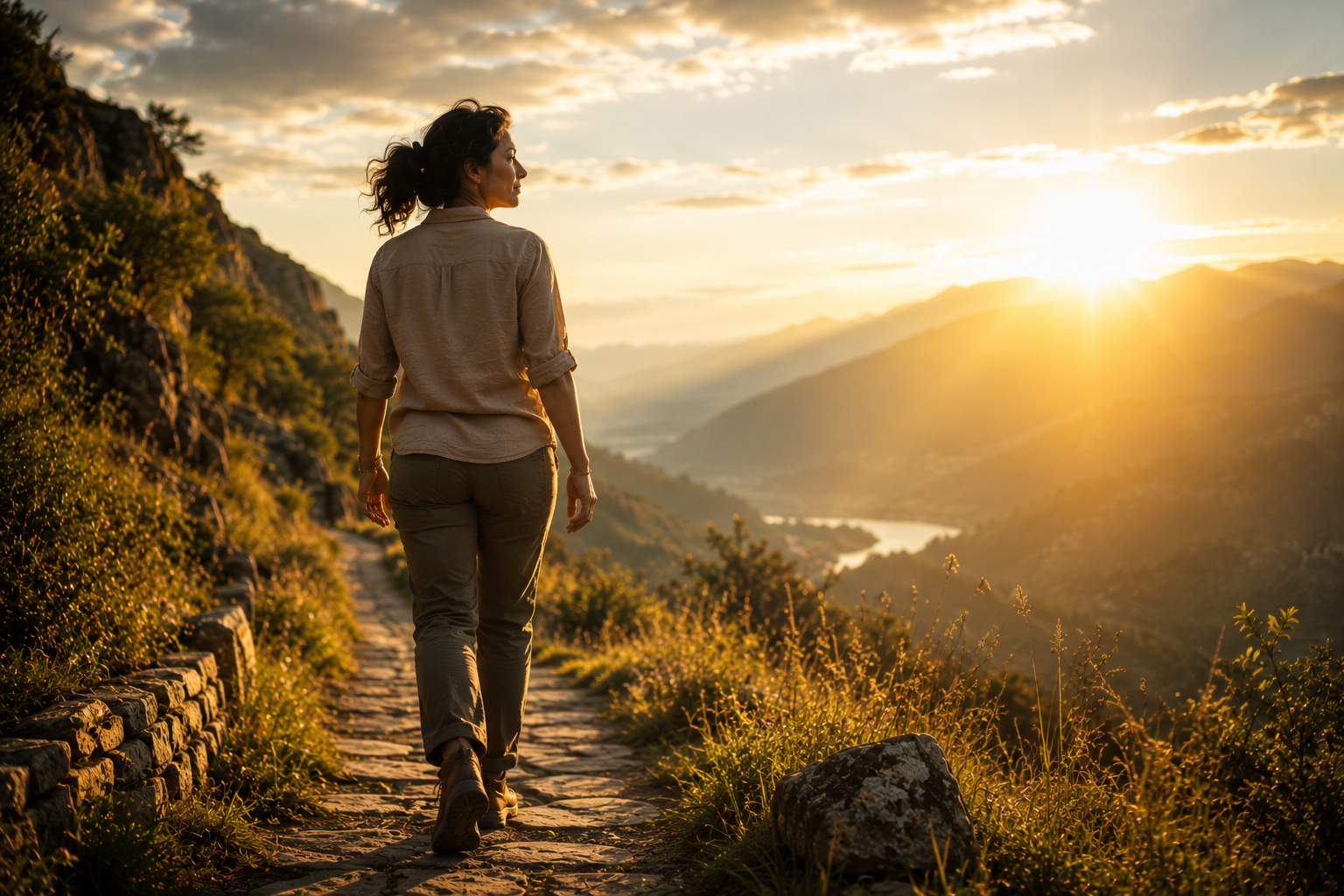 A woman enjoys a peaceful walk along a scenic mountain trail at sunset, surrounded by stunning views and golden light illuminating the path.