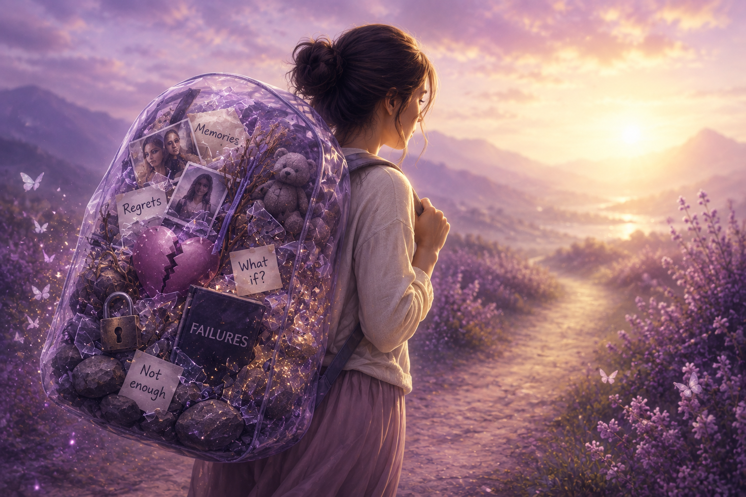 Illustration of a person carrying a transparent backpack filled with symbolic memories, heartbreak, and emotional burdens.