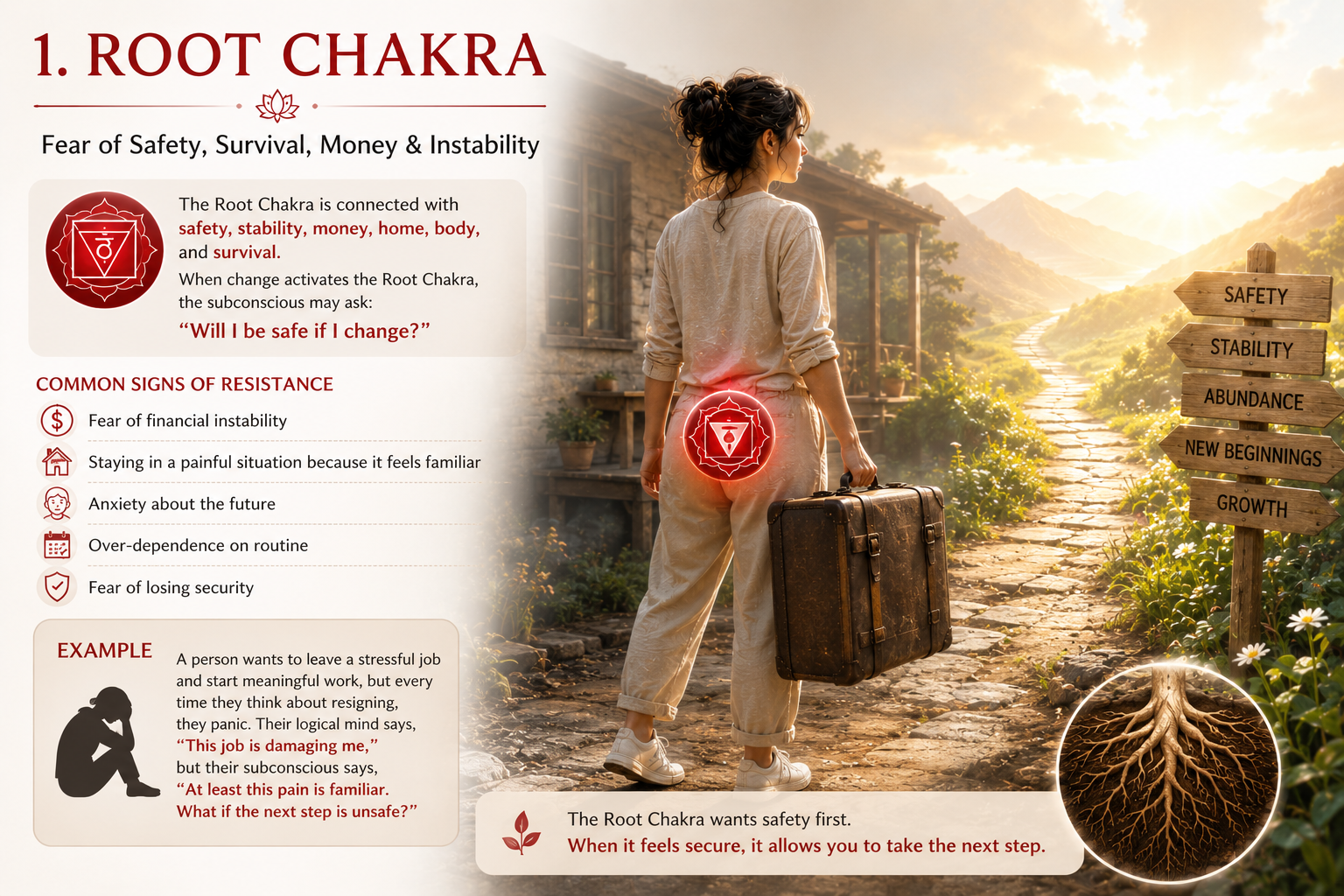 A person standing at the edge of a life-changing path while tightly holding onto a heavy suitcase and looking anxious about leaving a familiar environment. Red root chakra glowing subtly near the base of the spine. Themes of survival fear, financial anxiety, and resistance to change. Earthy reds and brown tones, realistic emotional storytelling.