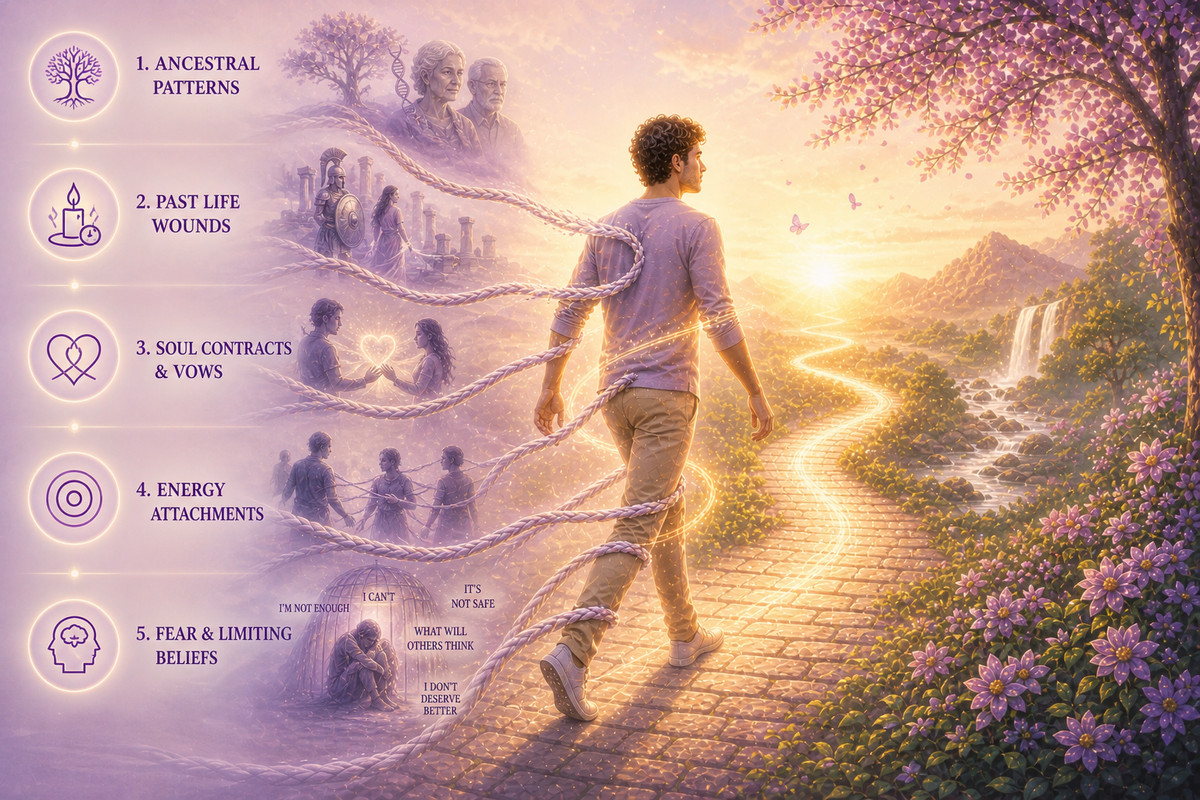 Man walking toward light while symbolic cords pull him back, representing metaphysical causes of inner resistance such as ancestral patterns, past-life wounds, and limiting beliefs