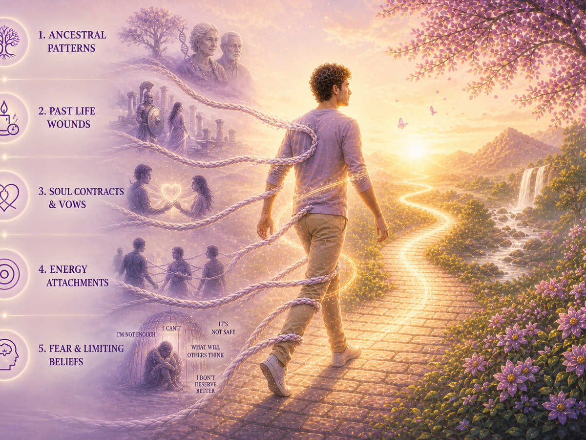Man walking toward light while symbolic cords pull him back, representing metaphysical causes of inner resistance such as ancestral patterns, past-life wounds, and limiting beliefs