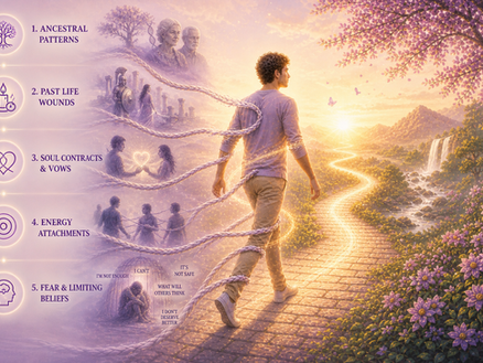 Man walking toward light while symbolic cords pull him back, representing metaphysical causes of inner resistance such as ancestral patterns, past-life wounds, and limiting beliefs