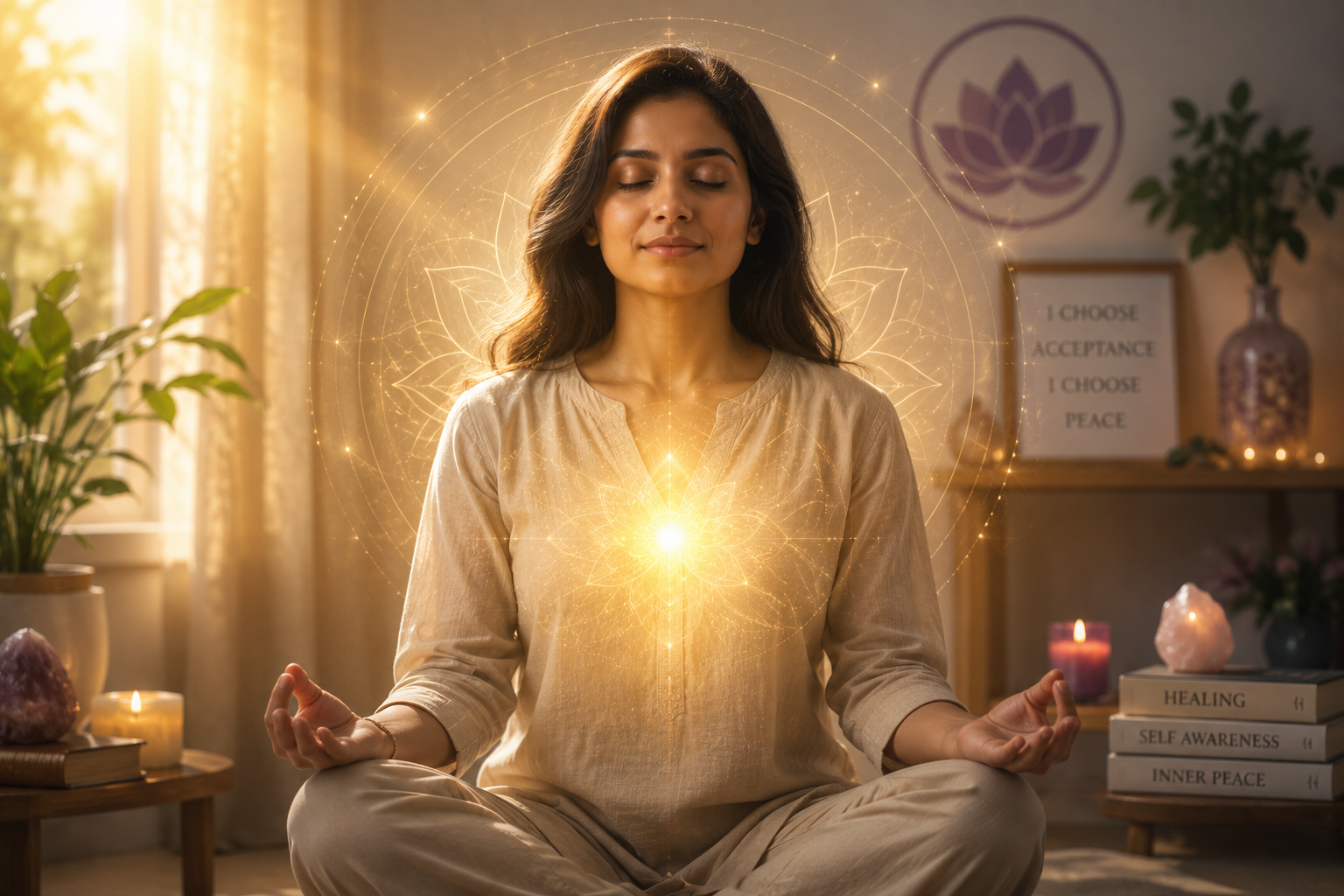 A woman meditating with radiant heart energy, representing inner healing, emotional balance, and self-transformation.