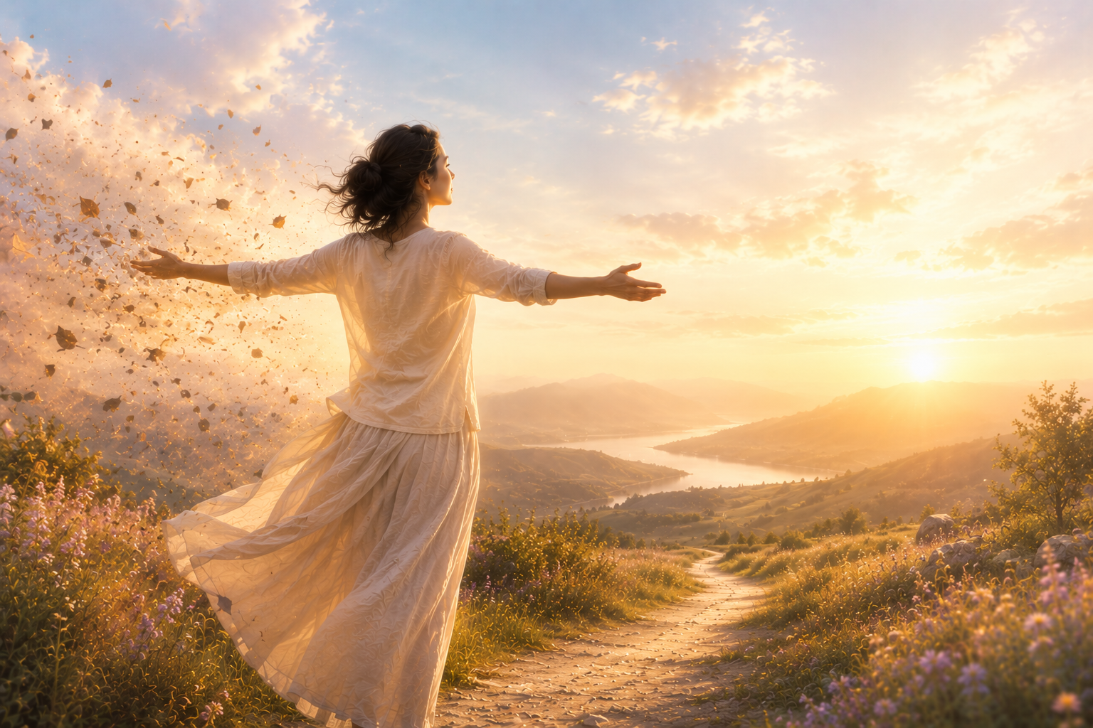 Woman moving forward into the light after releasing the weight of the past