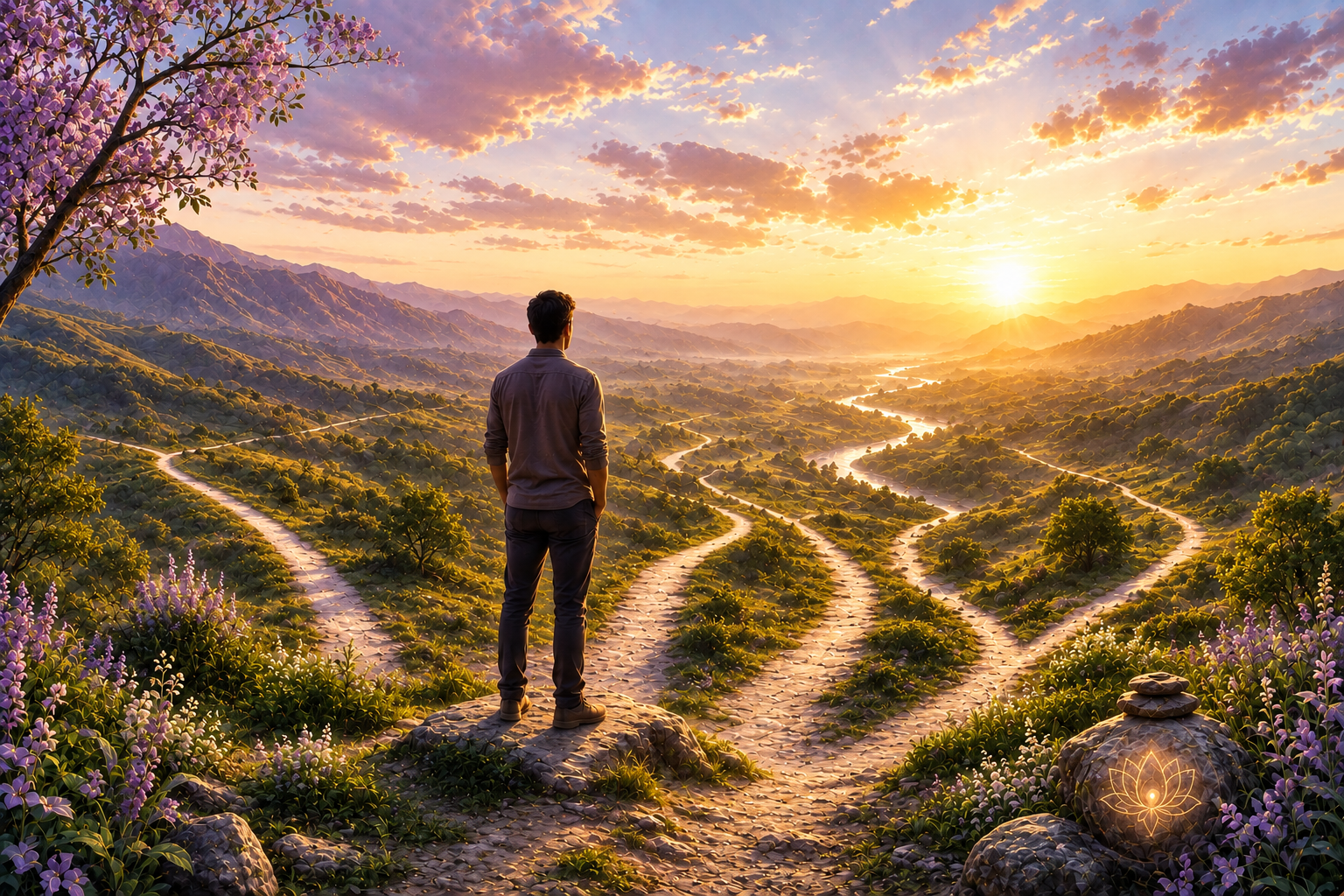 A man standing before multiple illuminated paths across a mountain landscape at sunrise, symbolising clarity, choice and new possibilities.