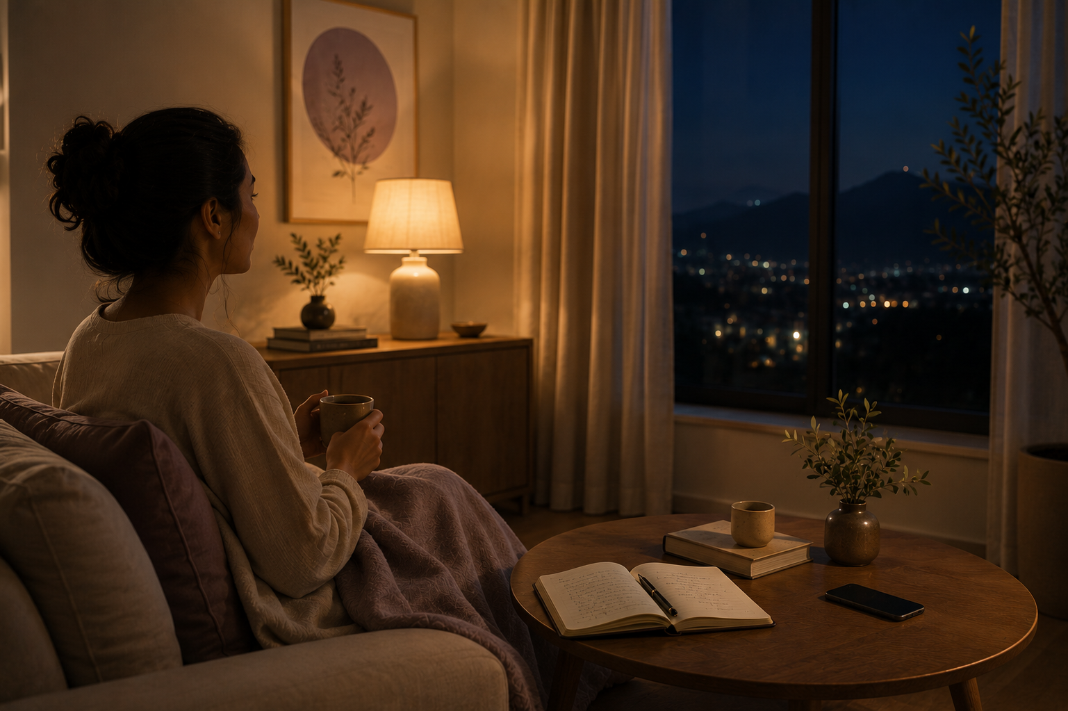 A person peacefully looking out a window at night after journaling and setting aside their phone in a warm modern living room.