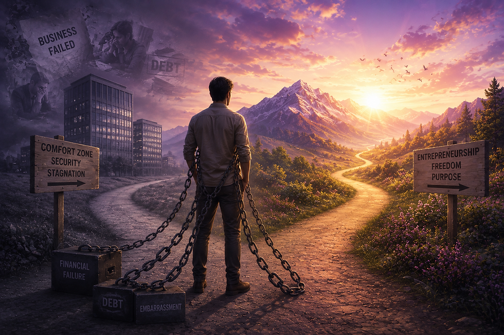 Man standing at a crossroads between a secure corporate life and an entrepreneurial future while chained to past financial failure.