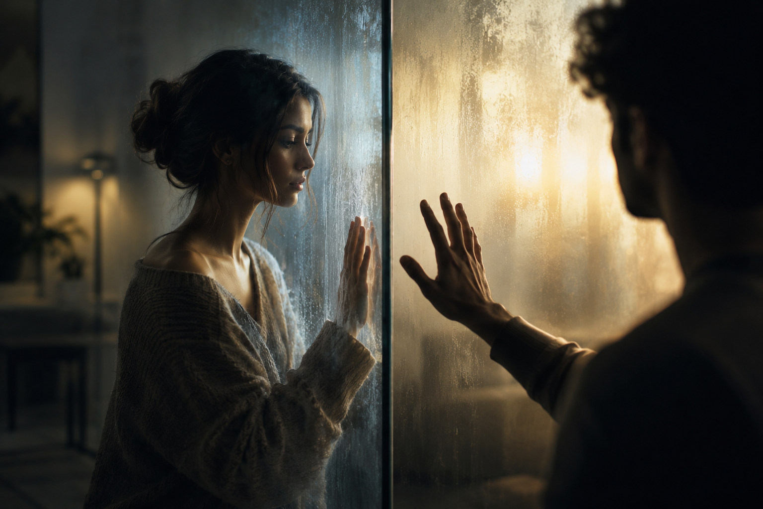 A person standing behind a transparent glass wall while another person gently reaches toward them from the other side, symbolic emotional barrier, soft atmospheric lighting, emotionally cinematic composition, realistic human emotion, muted luxury tones, psychological healing aesthetic.