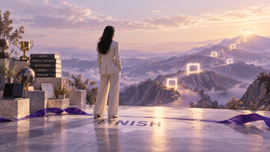A successful woman stands beyond a crossed finish line surrounded by symbols of career achievement, while a series of glowing paths leads toward another distant goal across a lavender and gold mountain landscape.