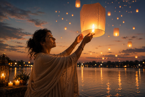 A woman gently releases a glowing lantern into the evening sky, surrounded by a serene lake and the warm glow of countless floating lights.