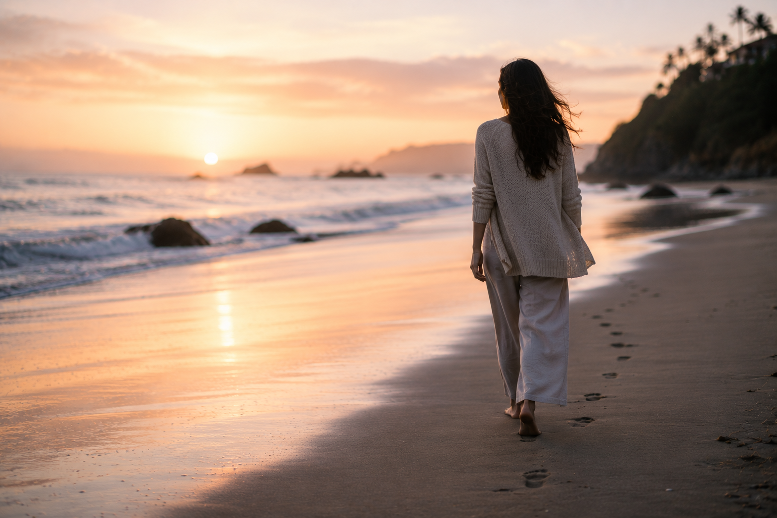 Woman in a light sweater walks barefoot along a sunset beach, leaving footprints by the waves and rocky cliffs.