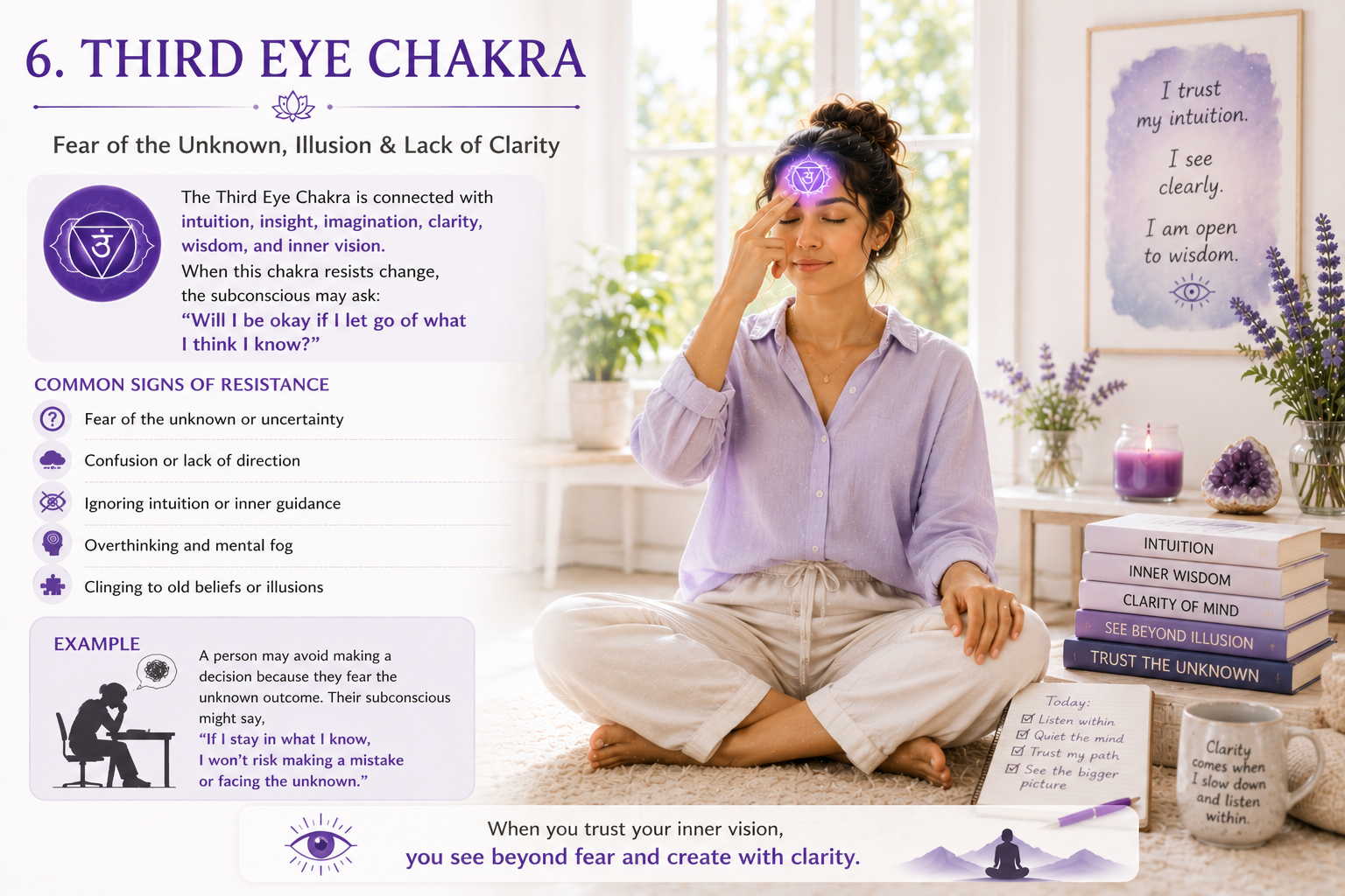 A contemplative person sitting quietly while visions, dreams, pathways, and intuitive symbols appear around the forehead area glowing with indigo light. One side shows distractions like phones and noise fading away. Themes of intuition, overthinking, clarity, and spiritual awakening. Mystical yet realistic atmosphere.