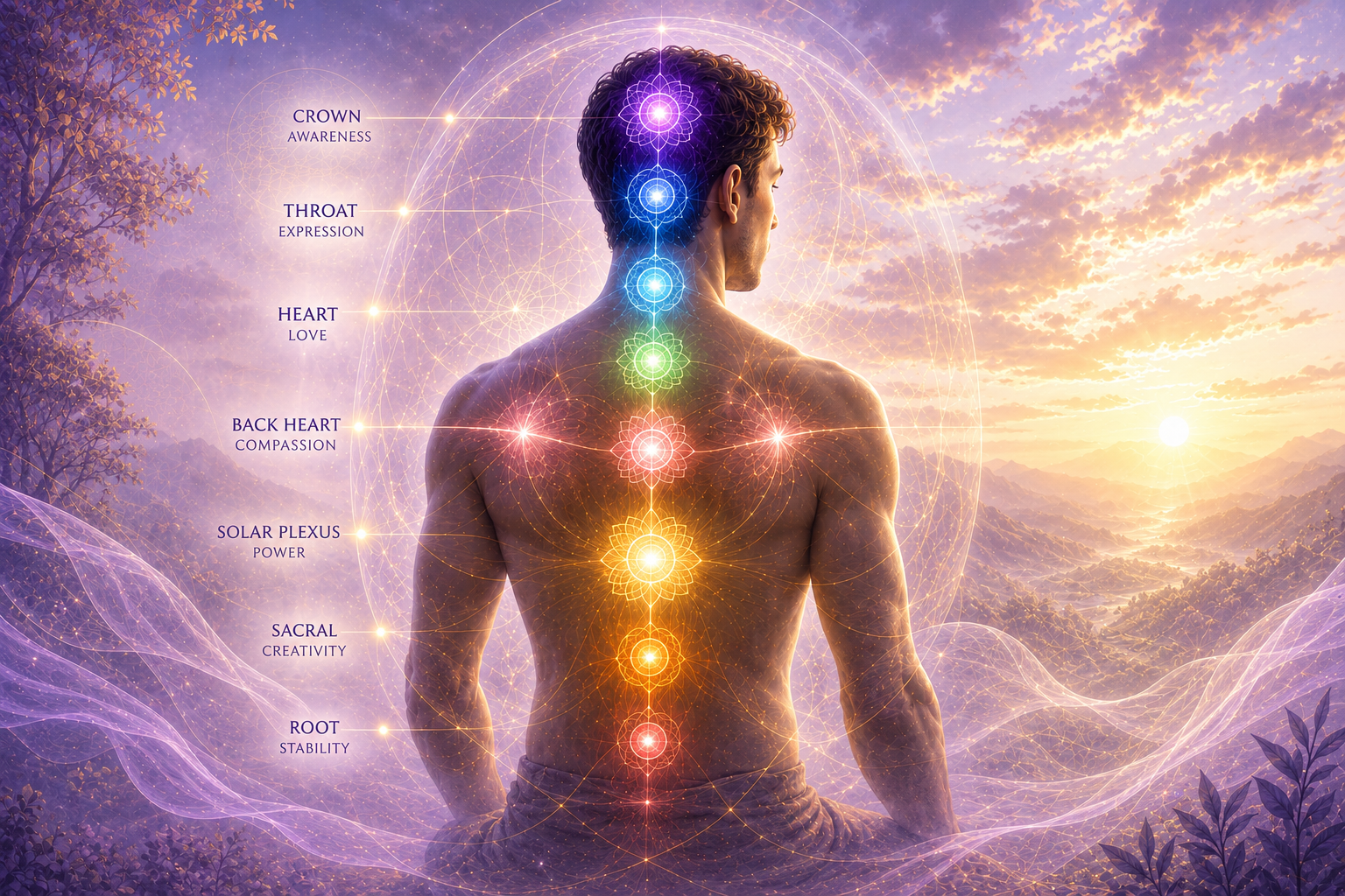 A human figure surrounded by a luminous energy field with interconnected chakra centres, highlighting the solar plexus and heart areas.