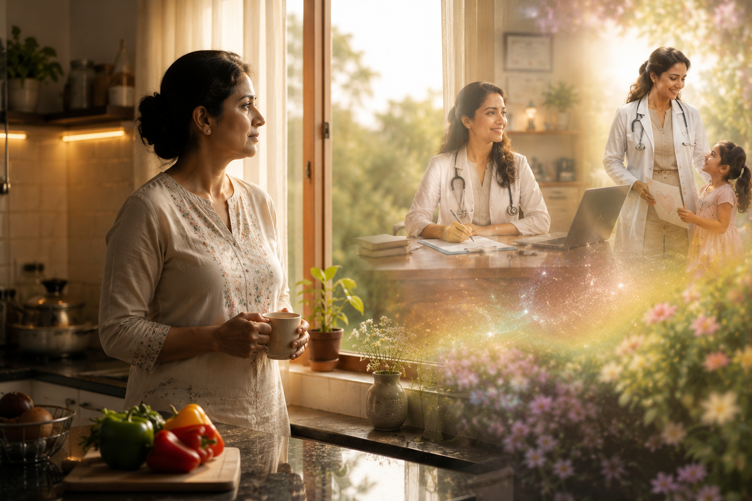 An Indian woman reflects on her future while standing in her home, representing the realization that life holds greater possibilities.
