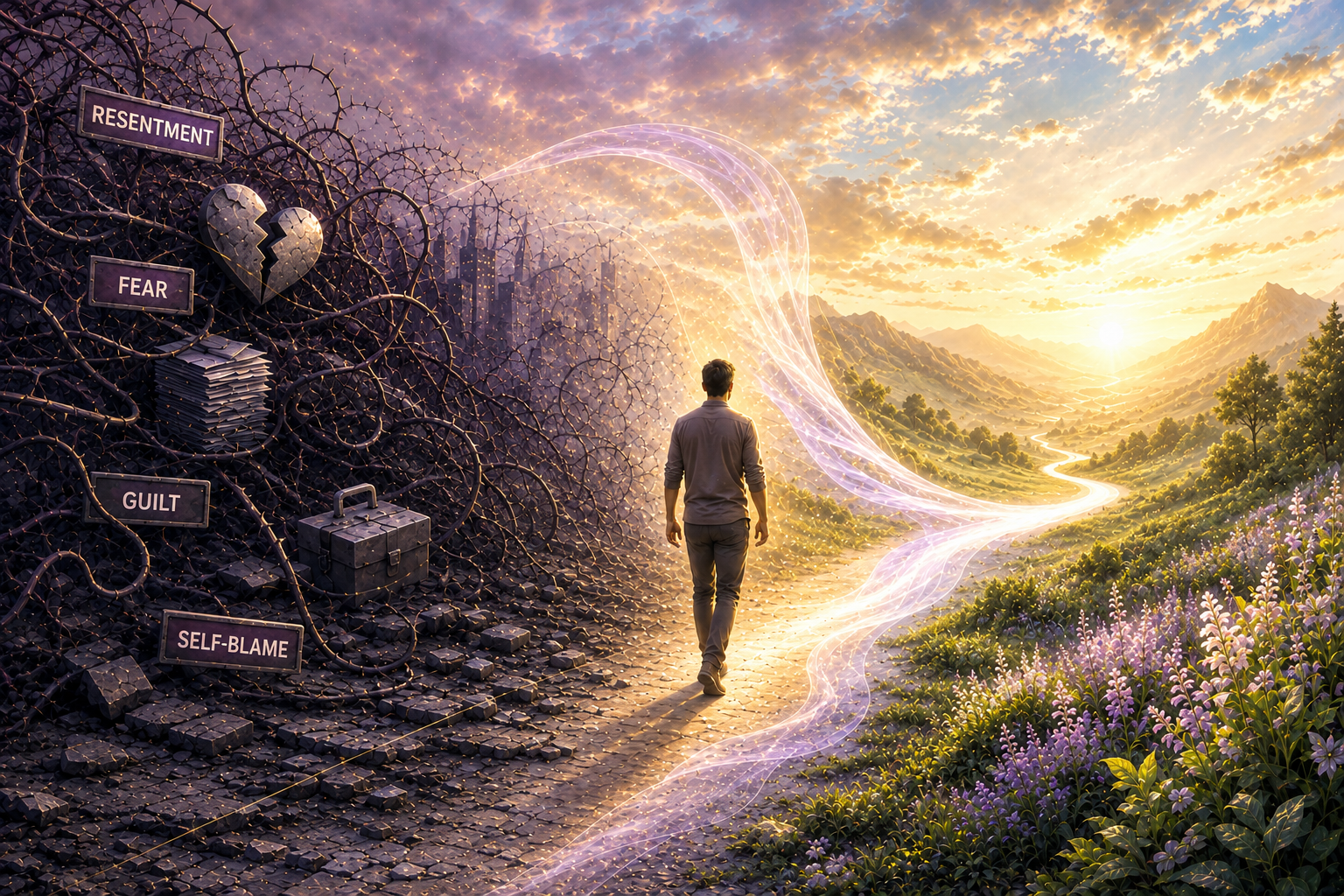 A man walking from a dark, tangled landscape into a luminous valley, symbolising a shift from fear and resistance toward clarity and flow.