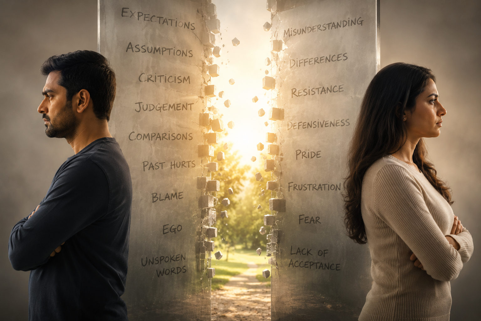 A couple separated by a symbolic wall of expectations, criticism, and misunderstanding, with light breaking through the barrier.