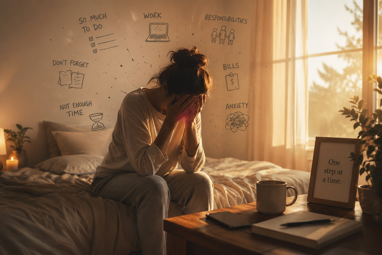 Overwhelmed person sitting on a bed in morning light surrounded by symbols of stress, anxiety, and responsibilities.