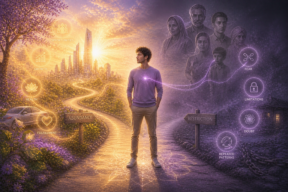 Human figure divided into head, heart, and soul energy streams, illustrating inner misalignment and conflicting life directions