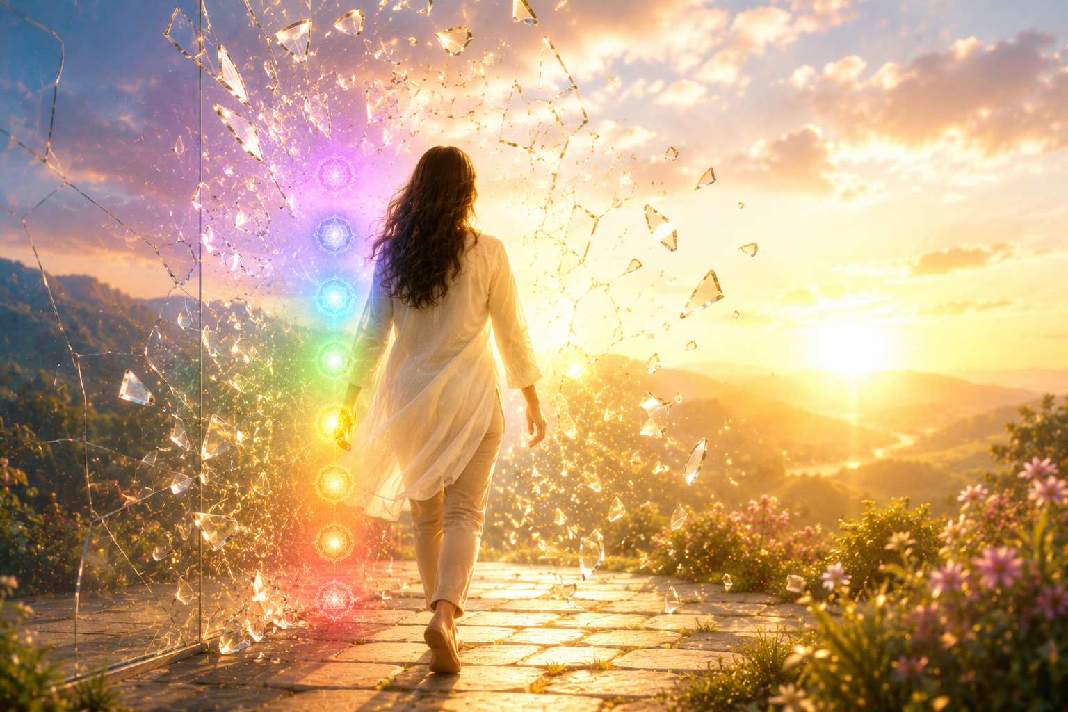 A woman walks confidently through a shattered glass barrier toward a sunrise, symbolizing freedom, courage, and unlocking true potential.