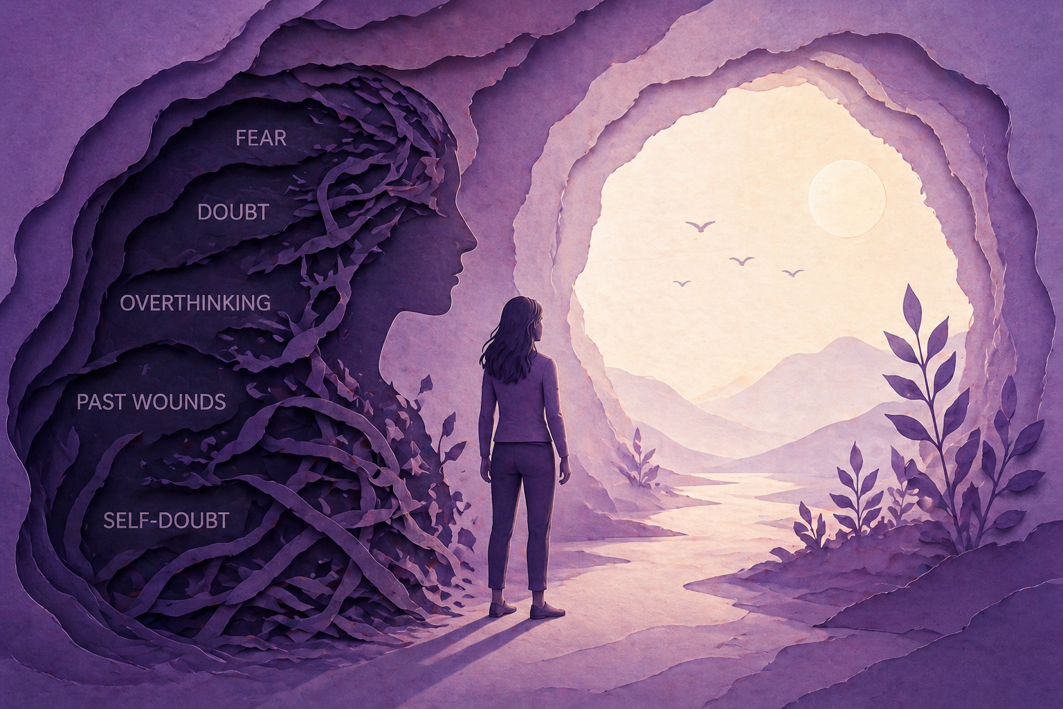 illustration of a person standing between a dark shadow filled with fear and doubt and a bright open landscape, symbolizing inner resistance and transformation.