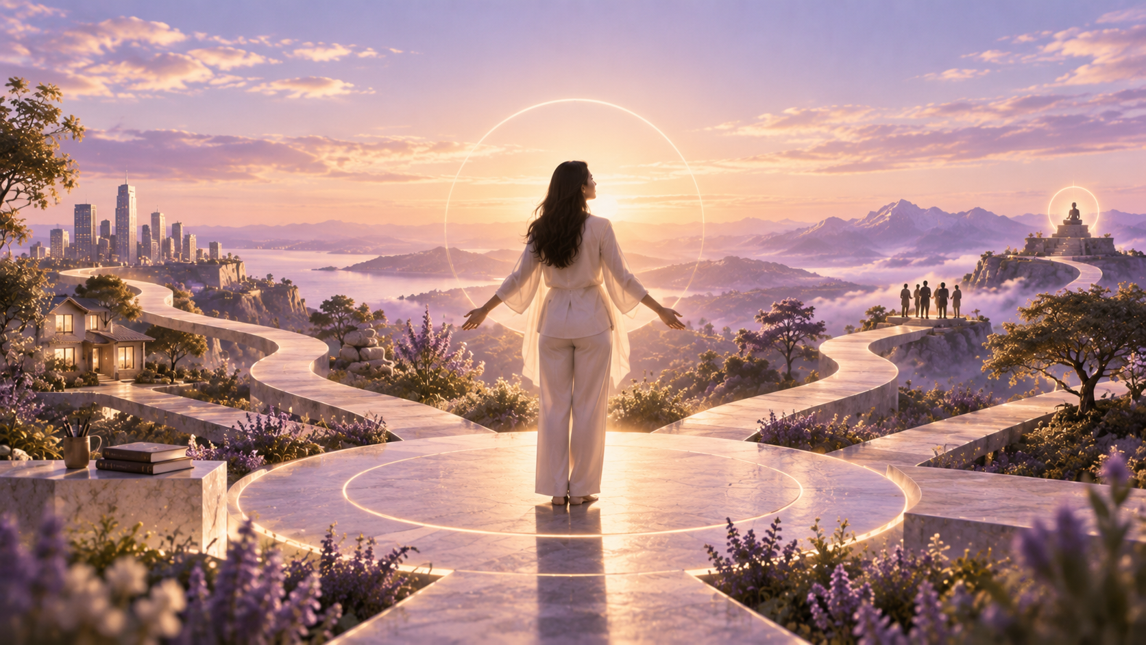 A peaceful woman stands at the center of a luminous circular platform while multiple paths representing work, relationships, creativity, home, and spiritual growth unfold around her in a serene lavender and golden landscape.