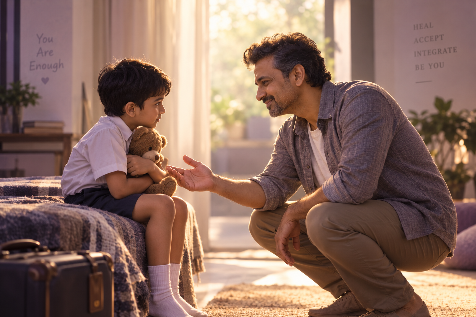 An adult man compassionately reconnecting with his younger self, symbolizing inner child healing and self-acceptance