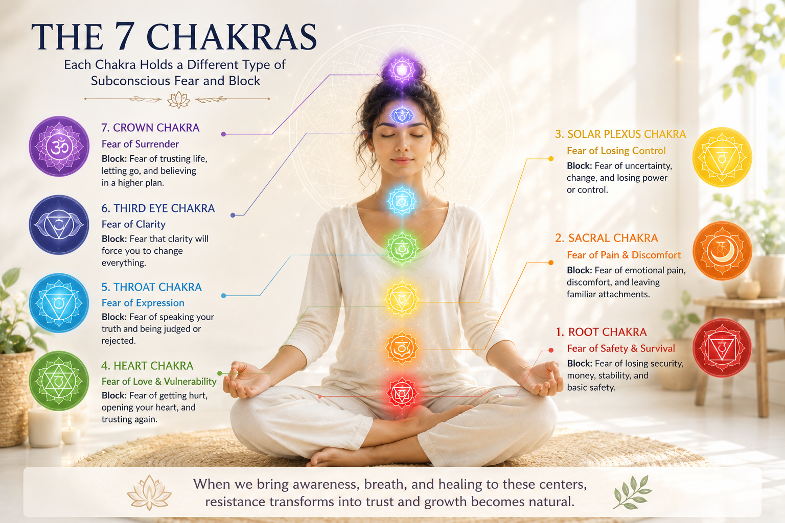 A calm meditative human figure with all 7 chakras glowing softly along the spine, each chakra connected to different emotional fears and subconscious blocks. Minimal spiritual aesthetic, realistic human form, gentle energy flow, earthy neutral background, elegant wellness illustration style, soft cinematic lighting.