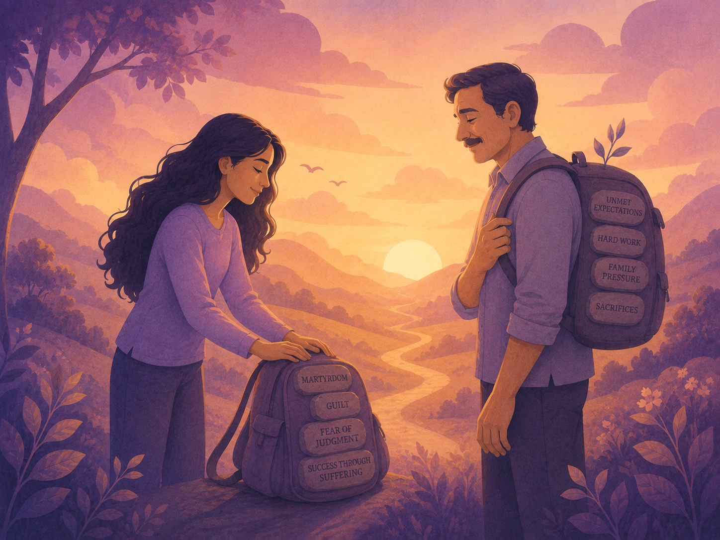 A daughter gently sets down a heavy backpack while standing beside her father, who smiles as she chooses a lighter path forward.