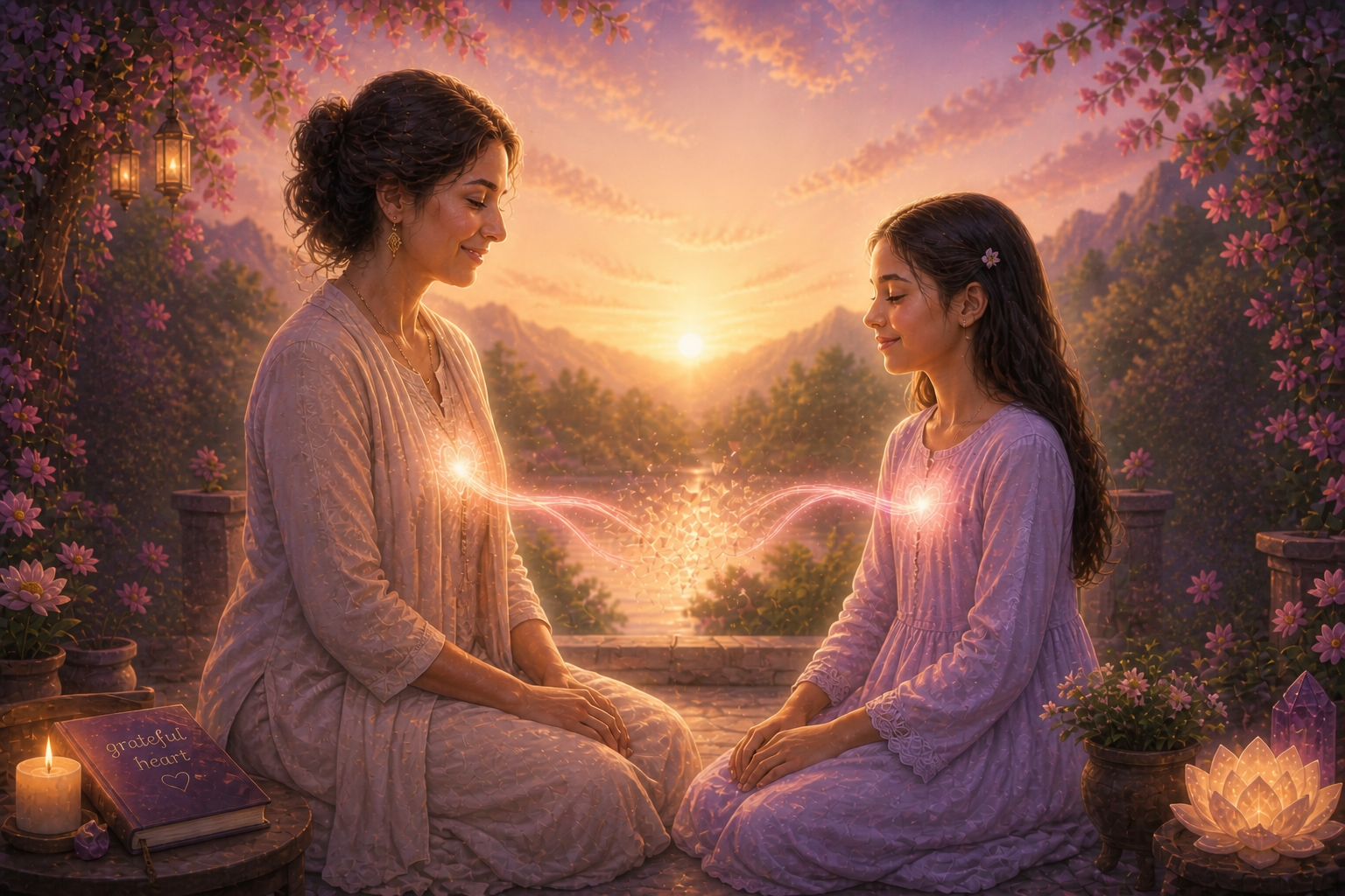 Mother and daughter connected by a glowing thread between their hearts, symbolizing emotional bonds and release of unconscious vows