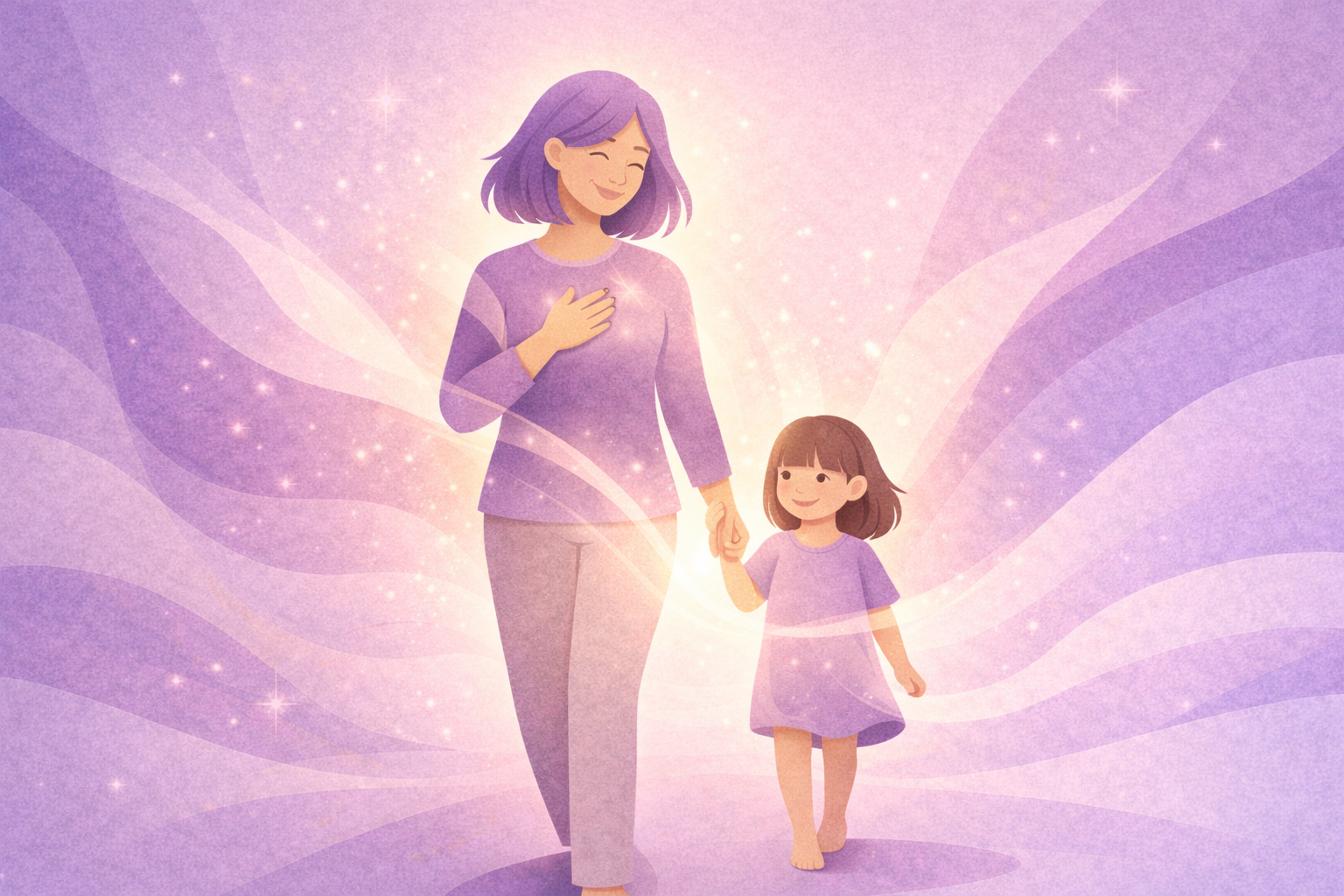 A soft purple-toned illustration of a woman walking hand-in-hand with her younger self, both glowing gently, symbolizing self-acceptance, strength, and wholeness.
