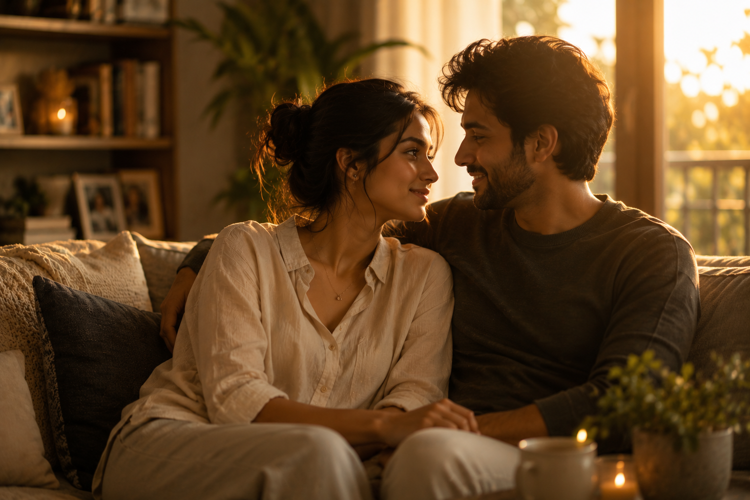 Two emotionally connected people sharing a calm, genuine moment together in soft natural sunlight, warm eye contact, emotionally safe and authentic connection, peaceful atmosphere, subtle elegance, cinematic storytelling photography, realistic and heartfelt mood.