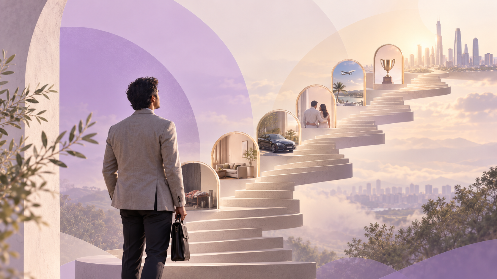 Man ascending a symbolic staircase representing the pursuit of wealth status and achievement