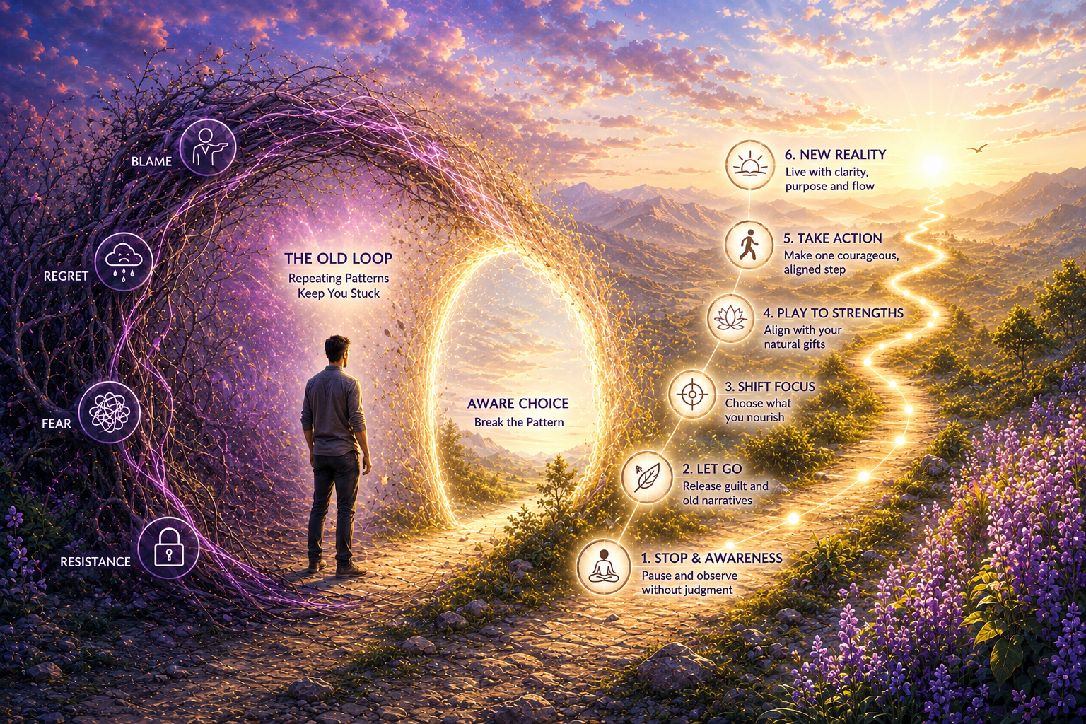 A symbolic pathway showing a repeating loop opening into six stages leading toward light, representing breaking free from limiting patterns.