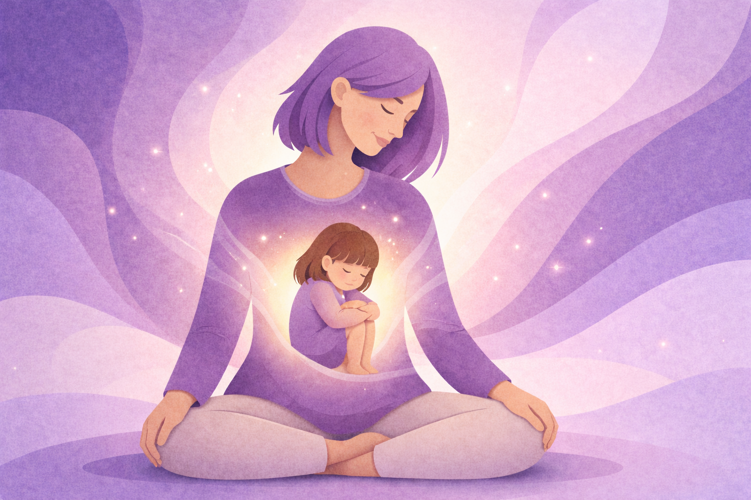 A serene illustration of a woman sitting cross-legged with a glowing inner child inside her chest, representing inner healing, self-awareness, and emotional connection.